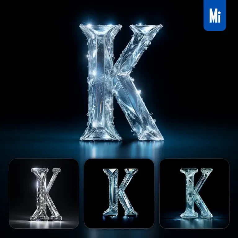 midjourney prompt K letter glass crystal 3D transparent