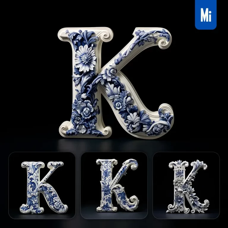 midjourney prompt K letter porcelain blue Chinese China pattern 3D