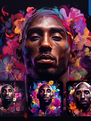 Midjourney Prompt Kobe Bryant Front Head Face Flowers Artist Colorful Painting Illustration Tattoo Pattern