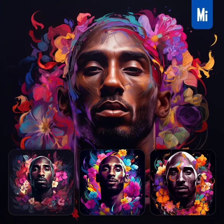 midjourney prompt Kobe Bryant front head face flowers artist colorful painting illustration tattoo pattern