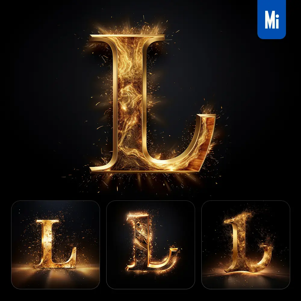 midjourney prompt L letter golden sparkling lighting material 3D