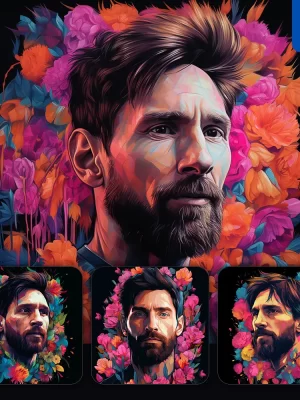 Midjourney Prompt Lionel Messi Front Head Face Flowers Artist Colorful Painting Illustration Tattoo Pattern