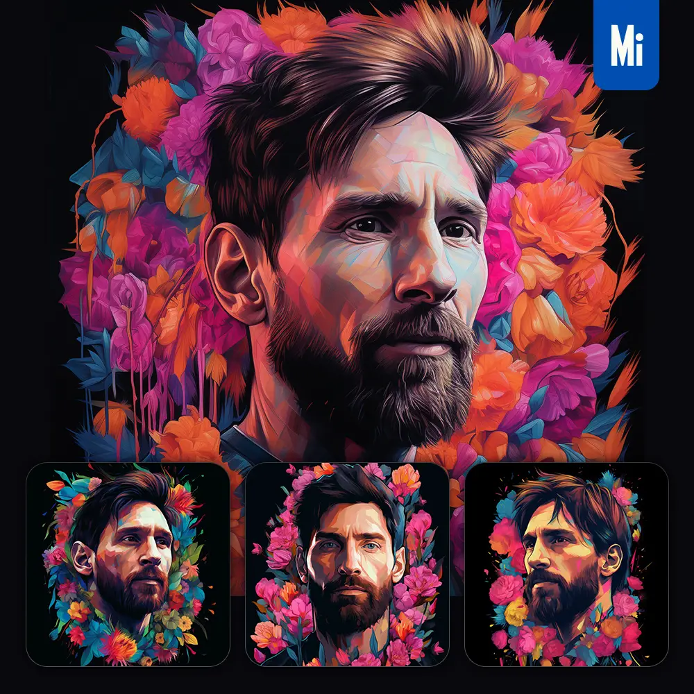 midjourney prompt Lionel Messi front head face flowers artist colorful painting illustration tattoo pattern