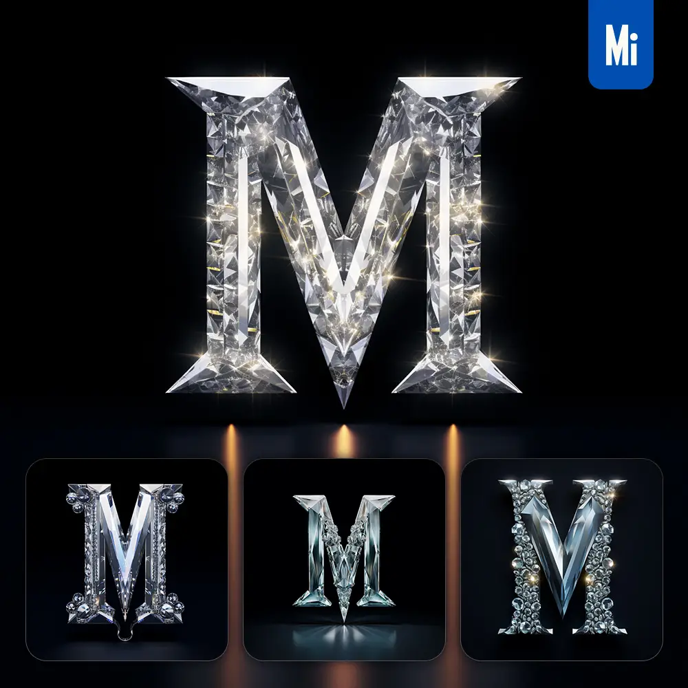 midjourney prompt M letter glass crystal 3D transparent