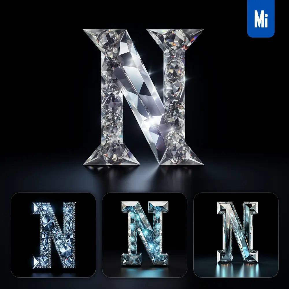 midjourney prompt N letter glass crystal 3D transparent
