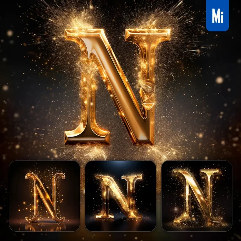midjourney prompt N letter golden sparkling lighting material 3D