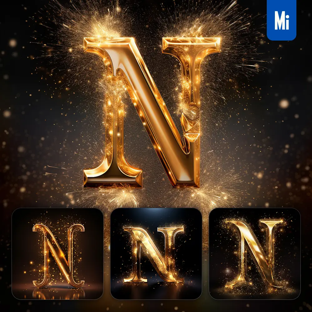 midjourney prompt N letter golden sparkling lighting material 3D
