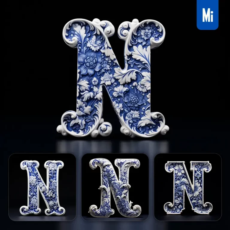 midjourney prompt N letter porcelain blue Chinese China pattern 3D