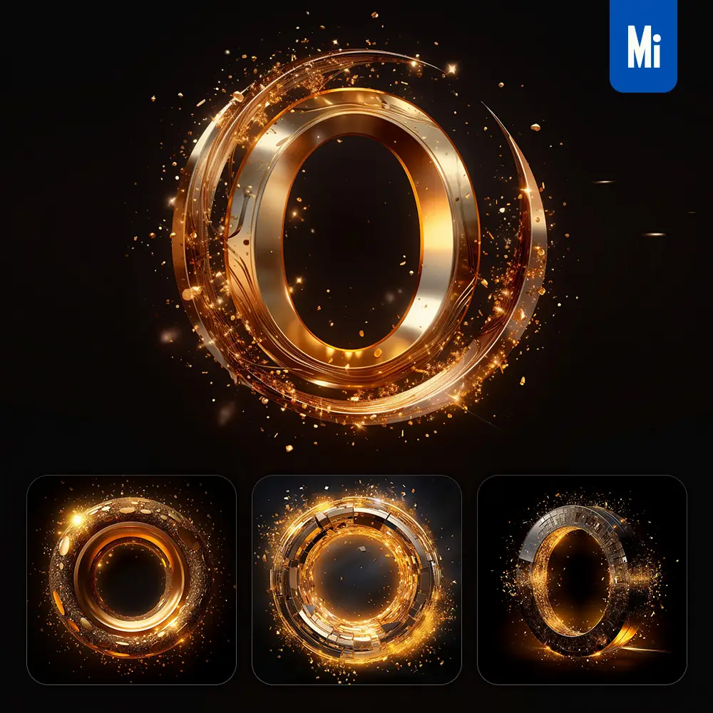 Midjourney Prompt O Letter Golden Sparkling Lighting Material 3d