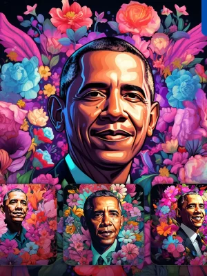 Midjourney Prompt Obama Front Head Face Flowers Artist Colorful Painting Illustration Tattoo Pattern