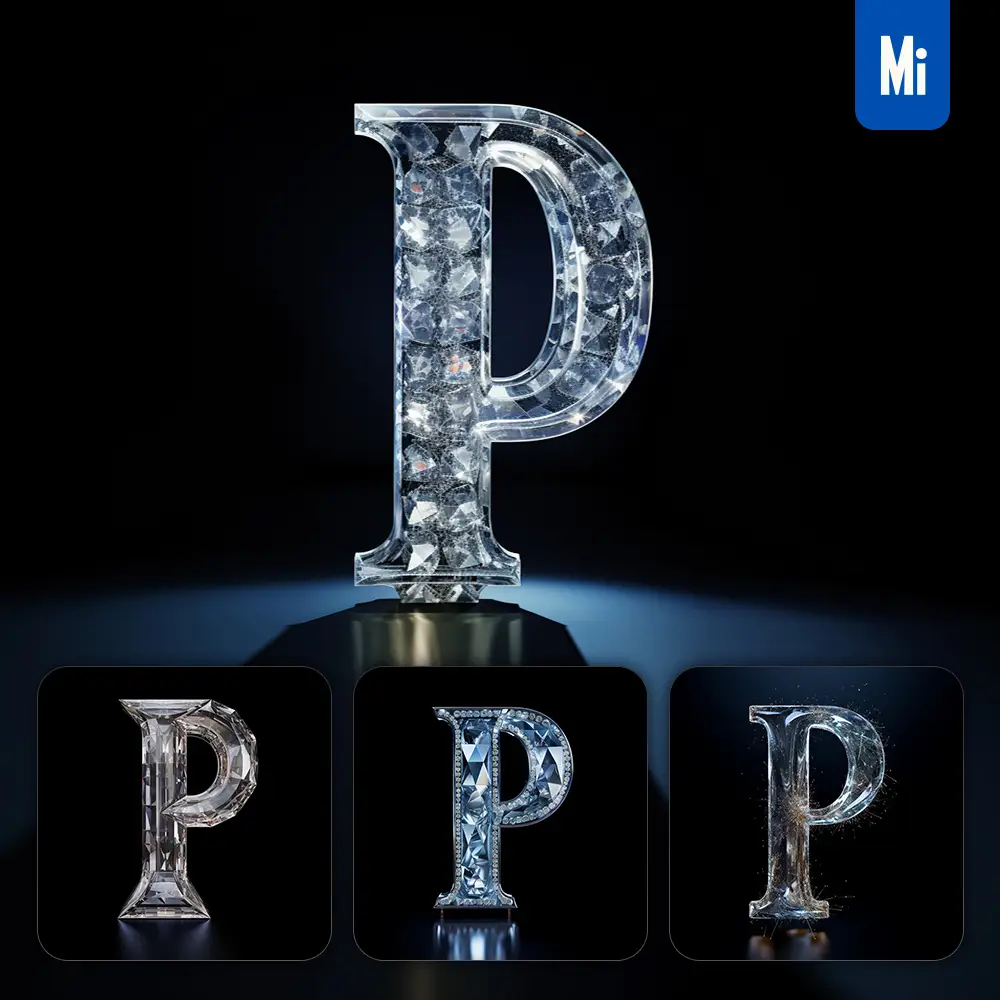 midjourney prompt P letter glass crystal 3D transparent