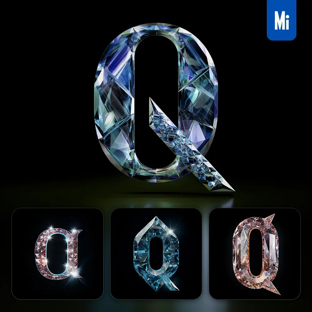 midjourney prompt Q letter glass crystal 3D transparent