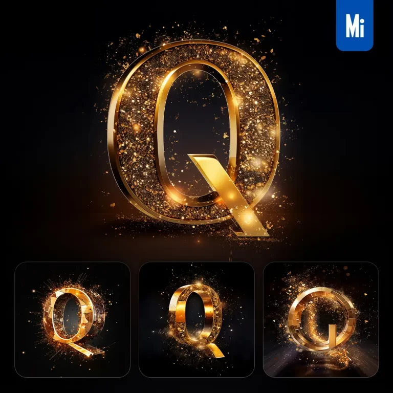 midjourney prompt Q letter golden sparkling lighting material 3D