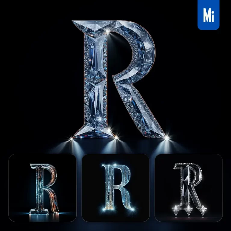 midjourney prompt R letter glass crystal 3D transparent