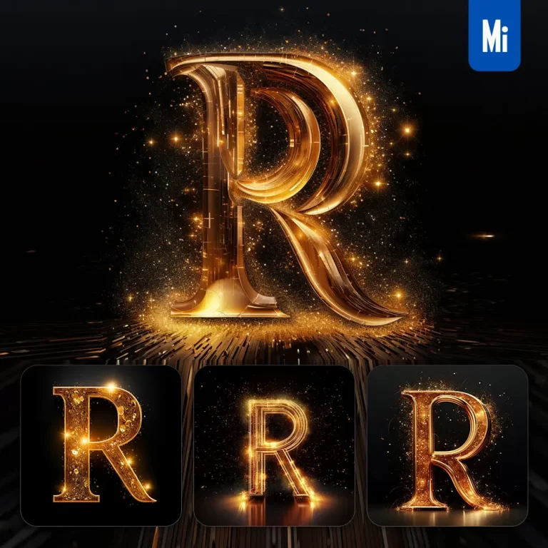 midjourney prompt R letter golden sparkling lighting material 3D