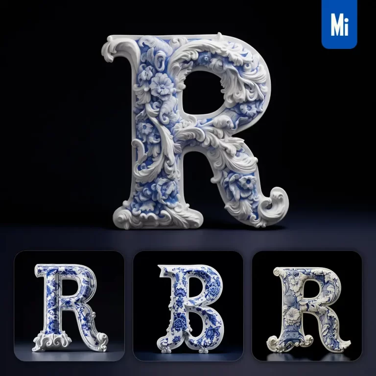 midjourney prompt R letter porcelain blue Chinese China pattern 3D