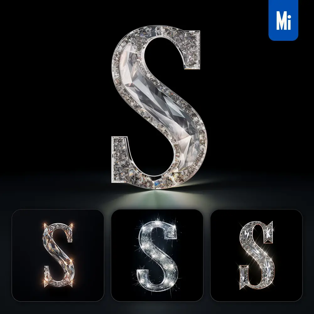 midjourney prompt S letter glass crystal 3D transparent