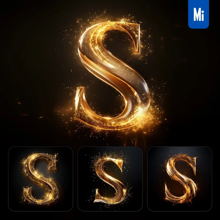 midjourney prompt S letter golden sparkling lighting material 3D