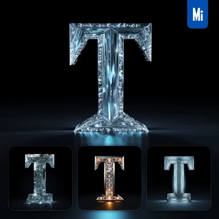 midjourney prompt T letter glass crystal 3D transparent