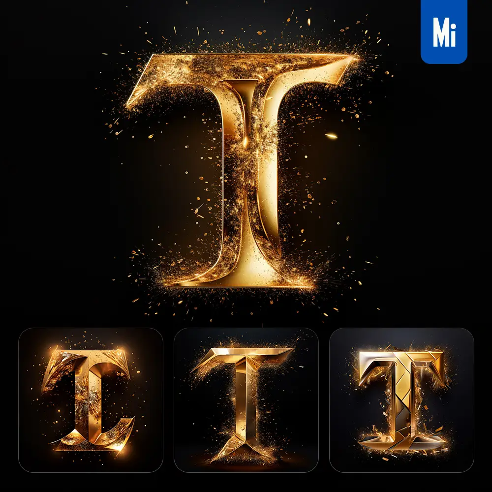 midjourney prompt T letter golden sparkling lighting material 3D