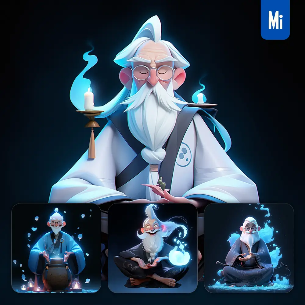 midjourney prompt Taoist priest old man cute 3D cartoon IP character C4D animation
