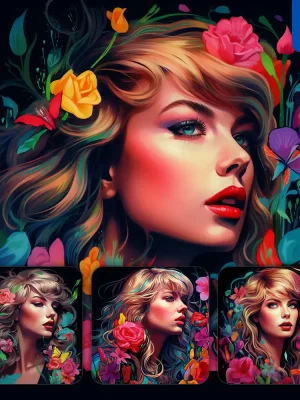 Midjourney Prompt Taylor Swift Front Head Face Flowers Artist Colorful Painting Illustration Tattoo Pattern