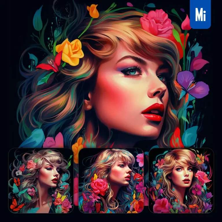 midjourney prompt Taylor Swift front head face flowers artist colorful painting illustration tattoo pattern