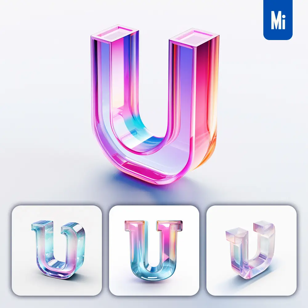 midjourney prompt U 3D letter glass C4D transparent crystal