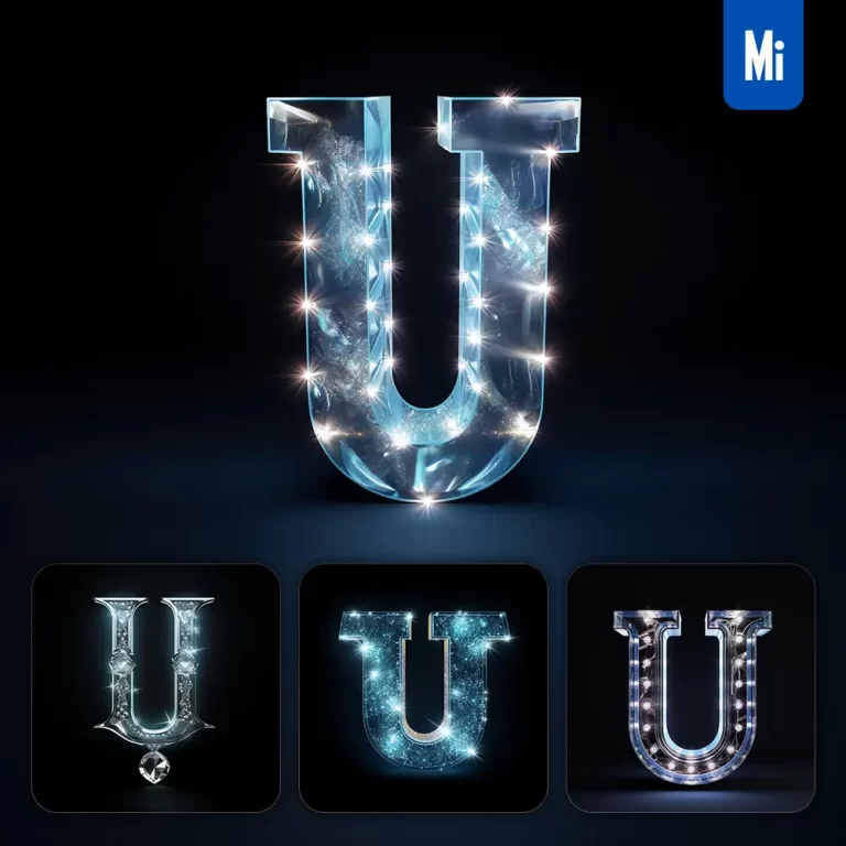 midjourney prompt U letter glass crystal 3D transparent