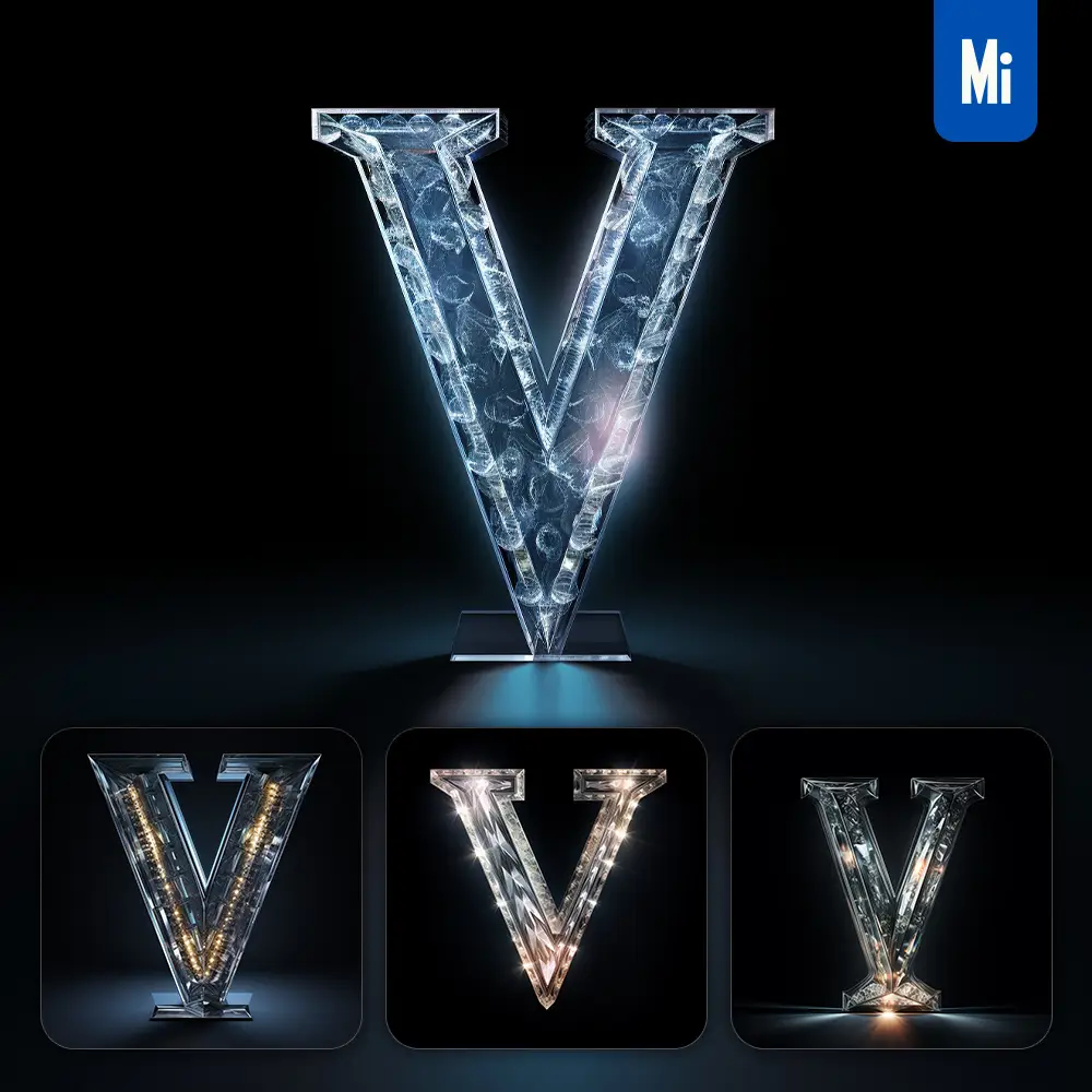 midjourney prompt V letter glass crystal 3D transparent
