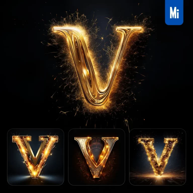 midjourney prompt V letter golden sparkling lighting material 3D