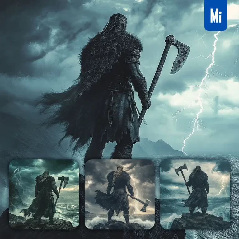 midjourney prompt Viking warrior Norse back armor cliff sea ocean weapon storm