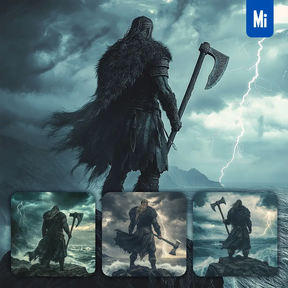 midjourney prompt Viking warrior Norse back armor cliff sea ocean weapon storm
