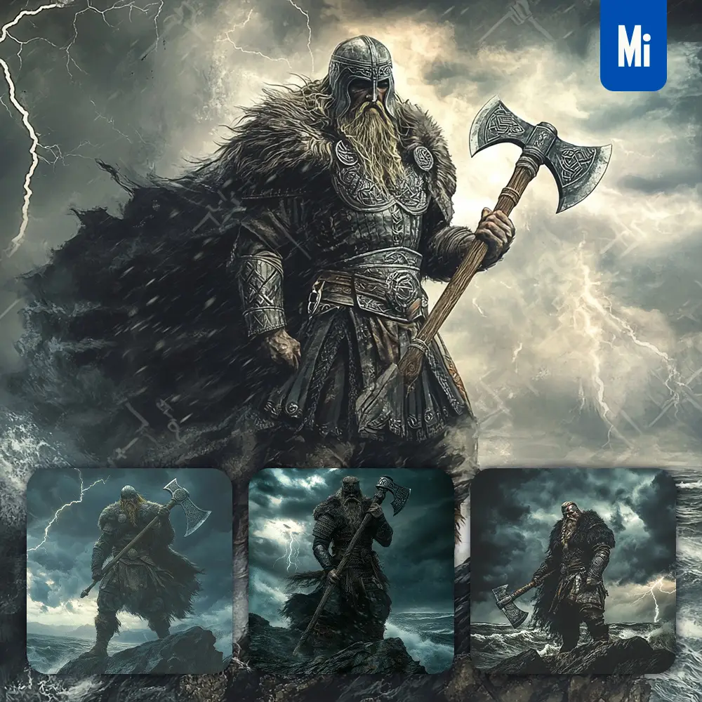 Midjourney Prompt Viking Warrior Norse Front Armor Cliff Sea Ocean Weapon Storm