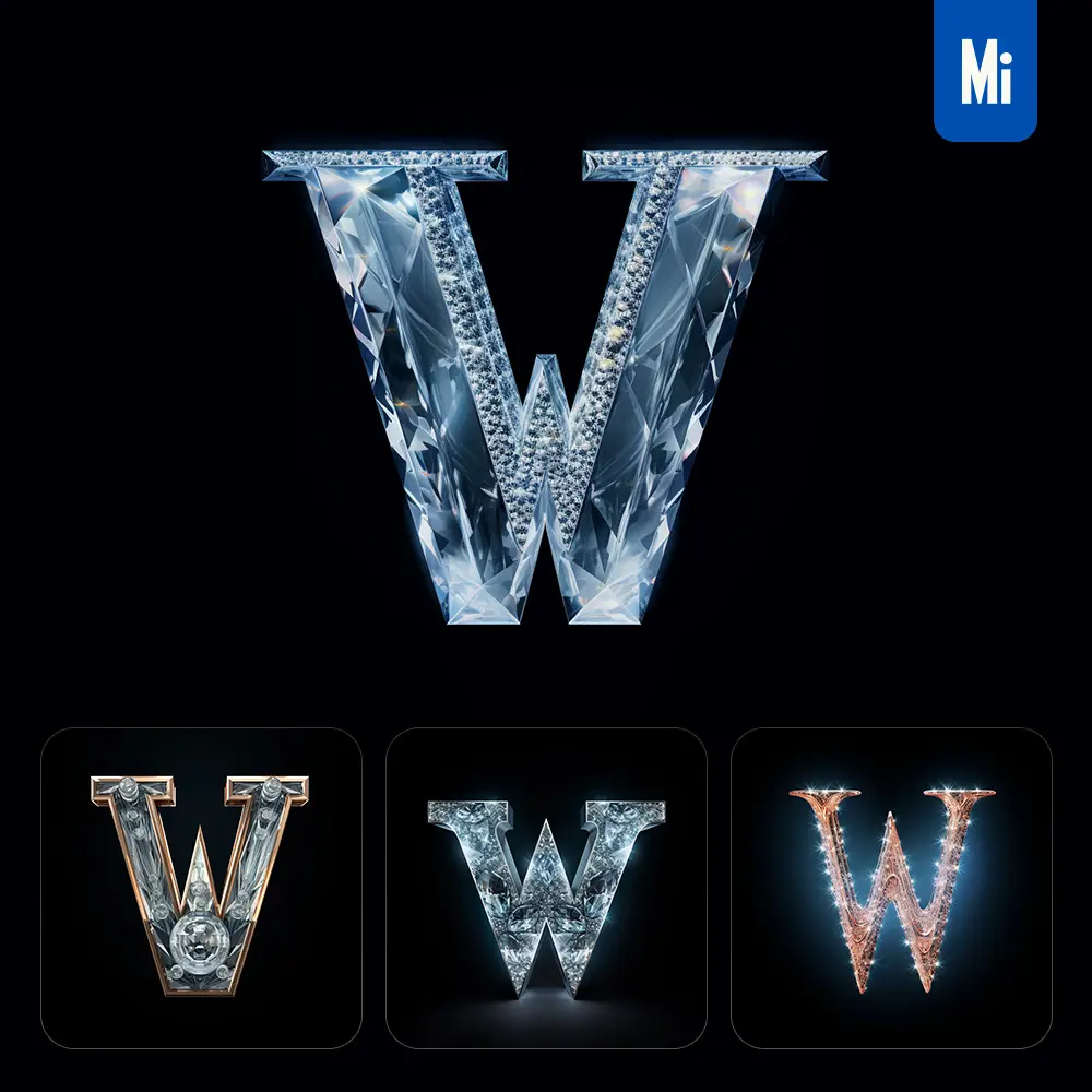 midjourney prompt W letter glass crystal 3D transparent