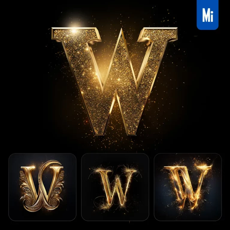 midjourney prompt W letter golden sparkling lighting material 3D