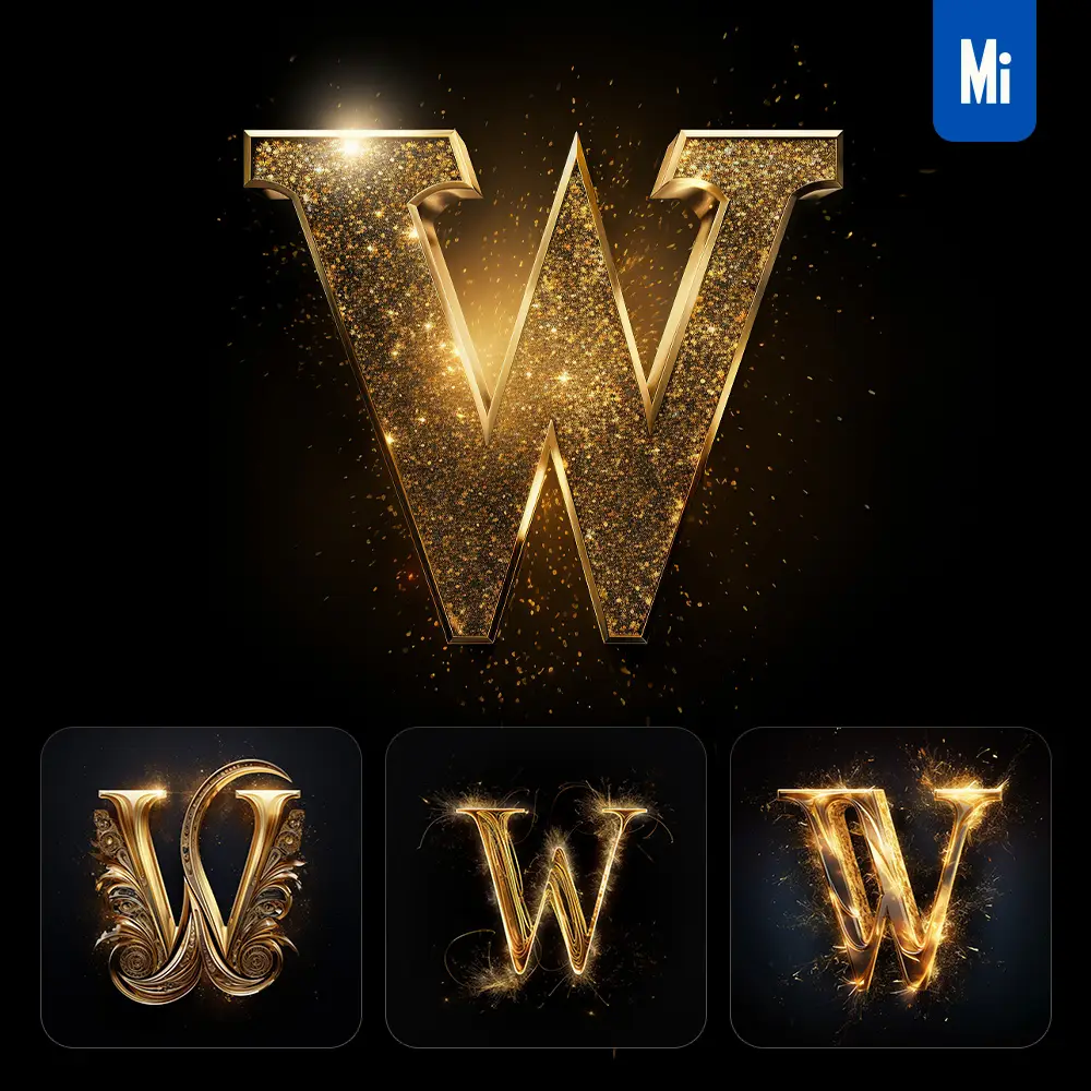 midjourney prompt W letter golden sparkling lighting material 3D