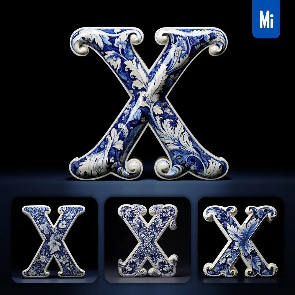midjourney prompt X letter porcelain blue Chinese China pattern 3D