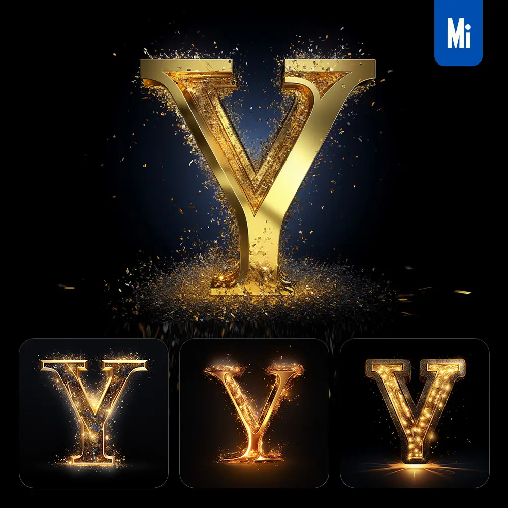 midjourney prompt Y letter golden sparkling lighting material 3D