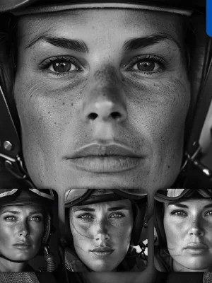 Midjourney Prompt Air Force Pilot Woman Female Face Head Portrait Black And White Photography