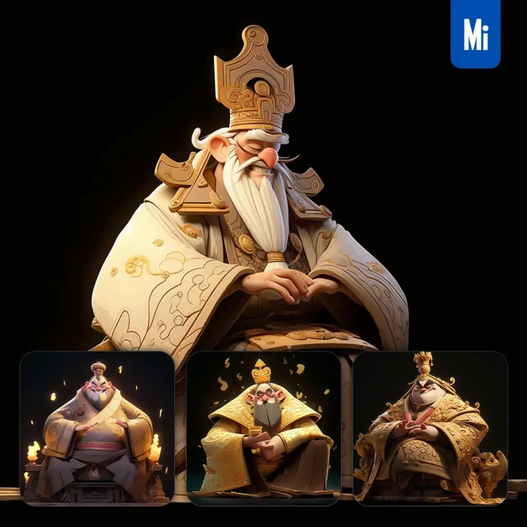 midjourney prompt ancient king Chinese emperor cute 3D cartoon IP character C4D animation