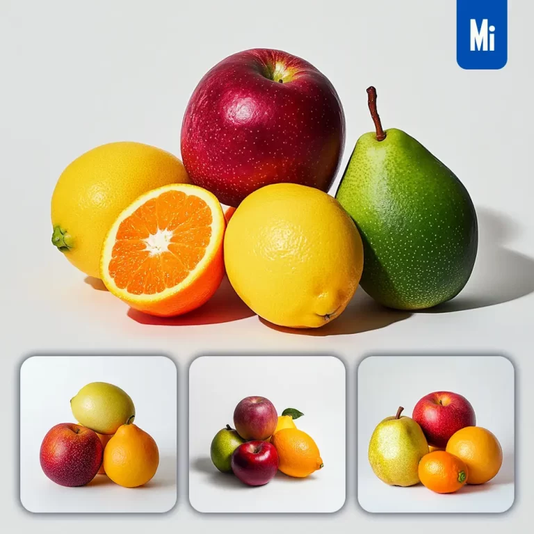 midjourney prompt apple orange lemon pear combination fruits stack photography