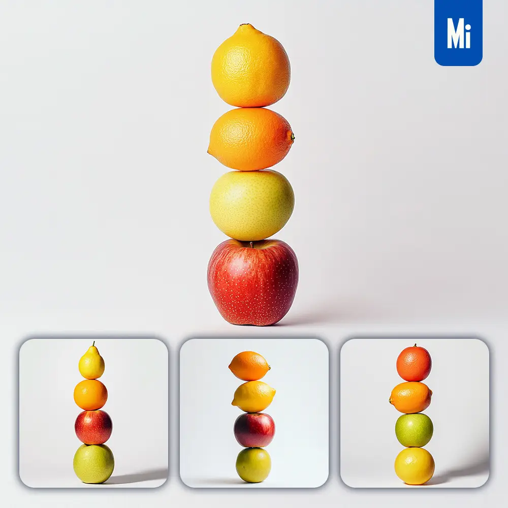 midjourney prompt apple orange lemon pear connected fruits stack photography