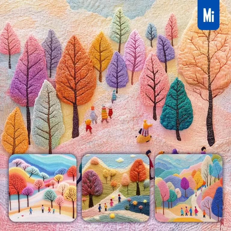 midjourney prompt autumn travel hill outing trees wool people landscape