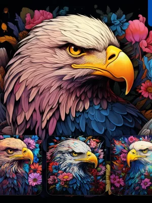 Midjourney Prompt Bald Eagle Front Head Face Flowers Artist Colorful Painting Illustration Tattoo Pattern