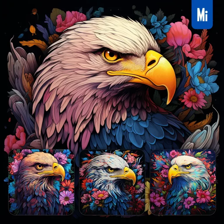 midjourney prompt bald eagle front head face flowers artist colorful painting illustration tattoo pattern