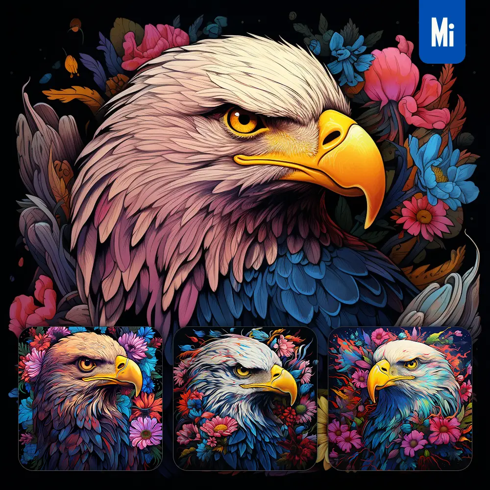 midjourney prompt bald eagle front head face flowers artist colorful painting illustration tattoo pattern