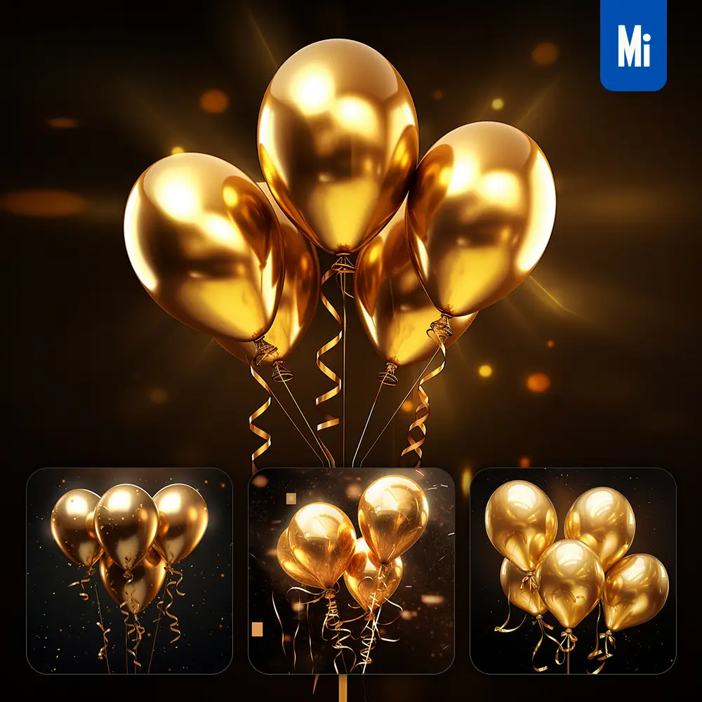 midjourney prompt balloons light golden sparkling lighting material 3D