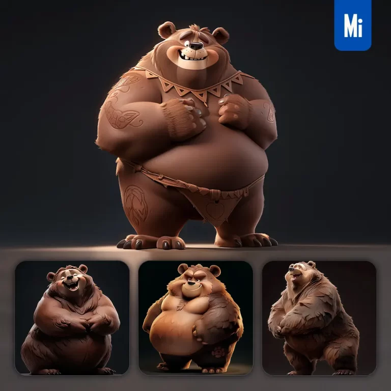 midjourney prompt bear brown fat cute 3D cartoon IP character C4D animation