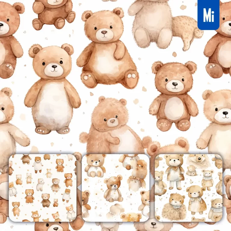midjourney prompt bear dolls cute painting watercolor ink drawing pattern